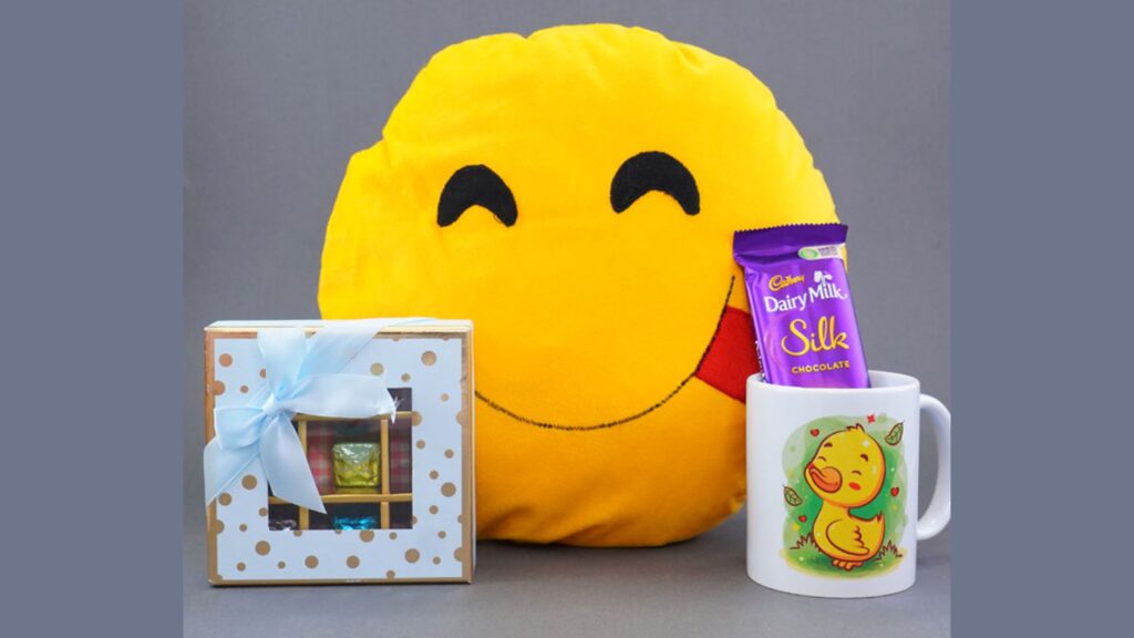Smiley Cushion With Mug And Chocolates