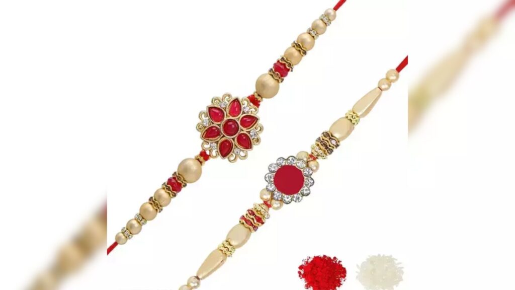 Gold Plated Red Floral And Pearl Rakhi